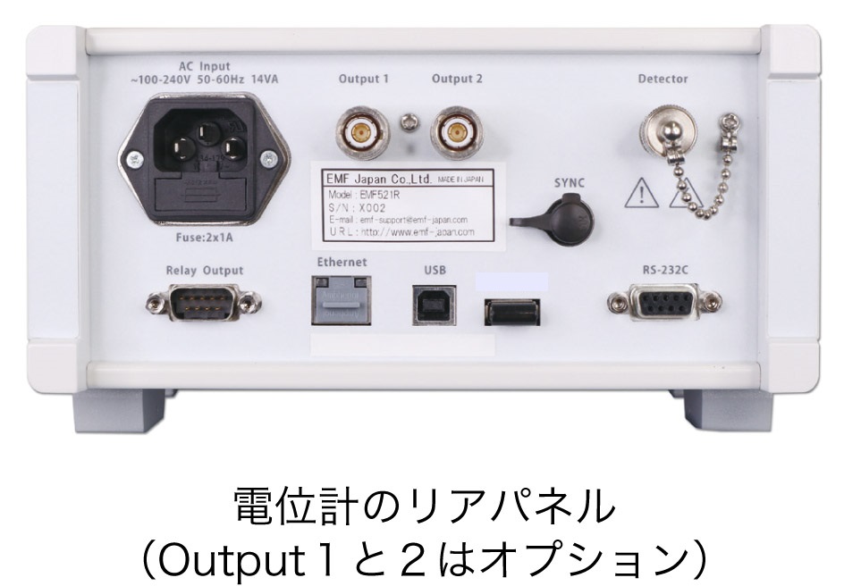電位計のリアパネル(Output1と2はオプション)